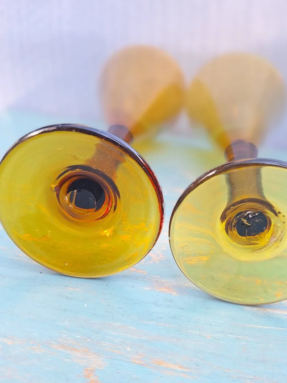 Vintage Wine Goblets Bubbles Hand Blown Glass Gold Bronze Color Pair His and Her - Picture 12 of 16